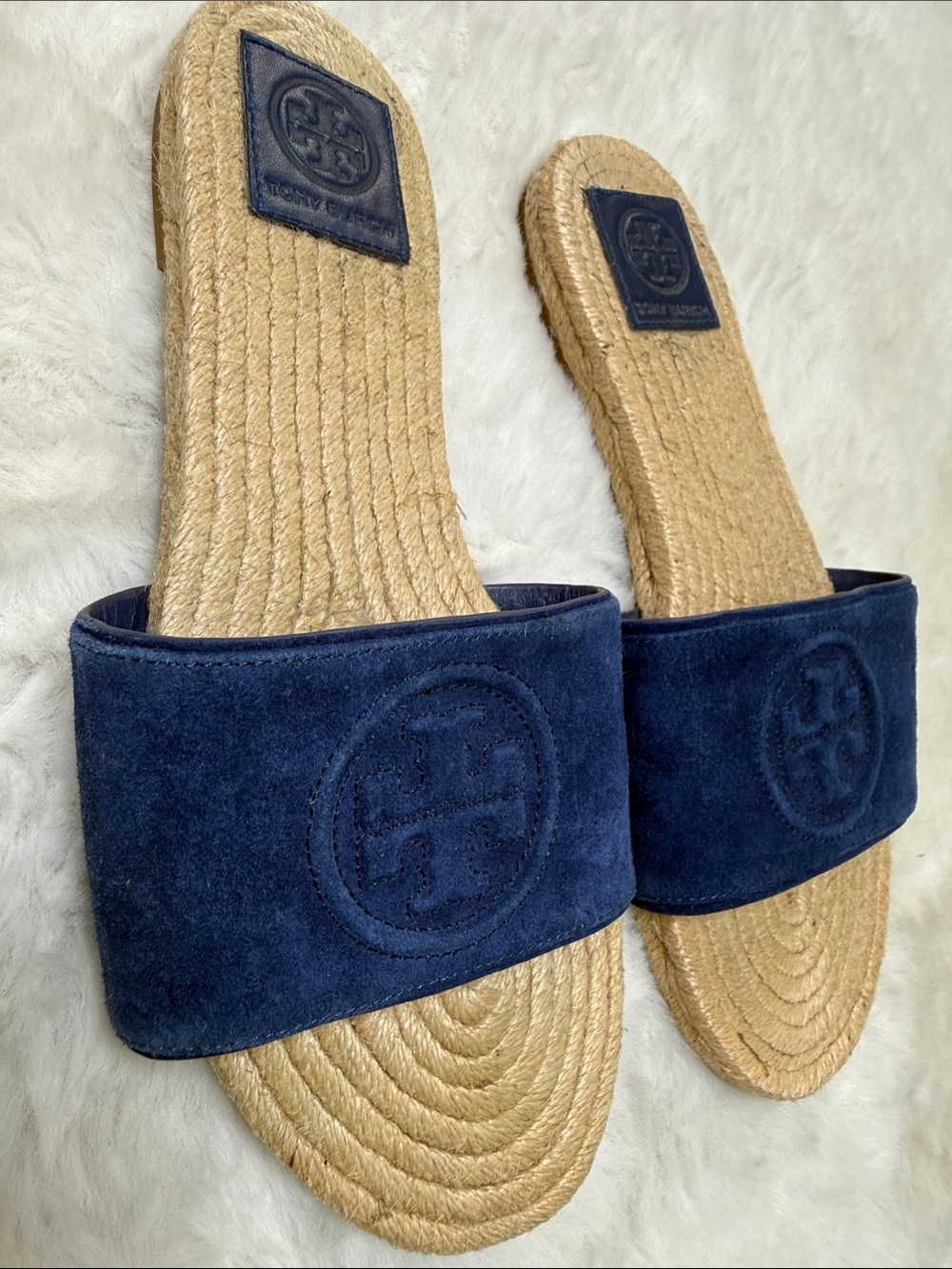 Tory Burch Benton Kid Suede Open Toe Espadrille Slide Navy‎ 7.5 Embossed Logo
